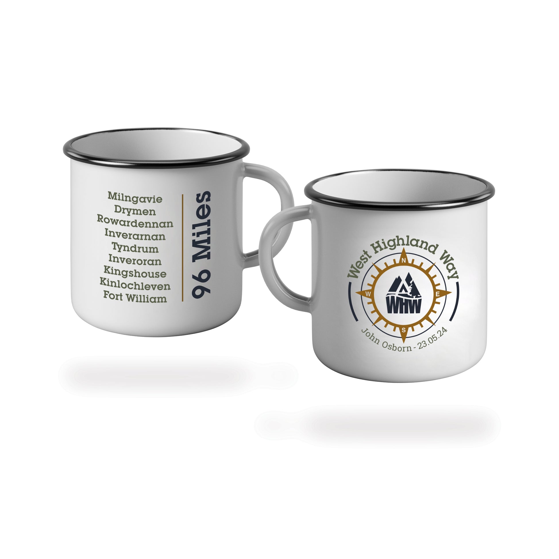 West Highland Way Personalised Compass Enamel Mug with stops along the route on the back